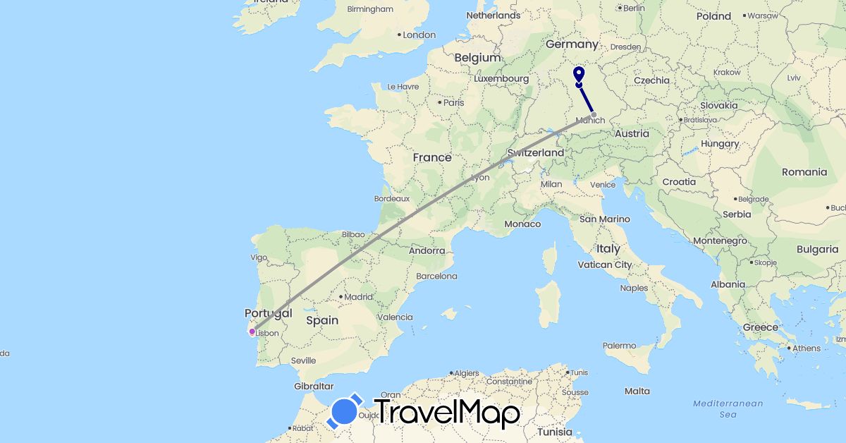 TravelMap itinerary: driving, plane, train, hiking in Germany, Portugal (Europe)