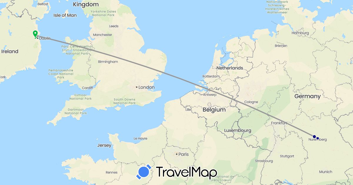 TravelMap itinerary: driving, bus, plane in Germany, Ireland (Europe)