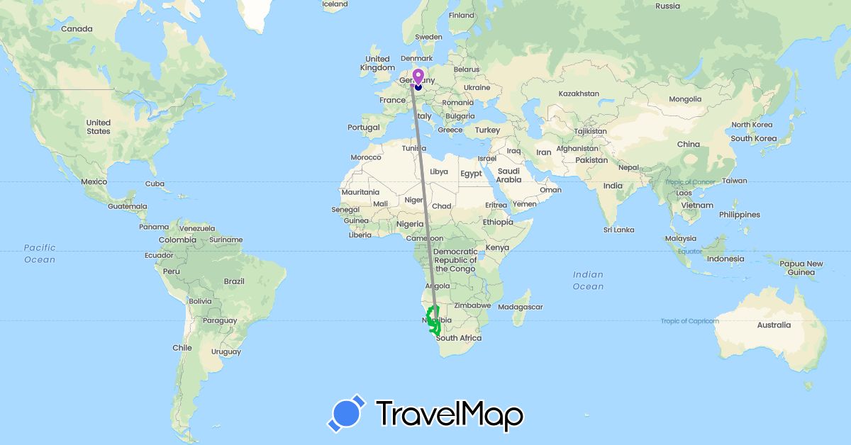 TravelMap itinerary: driving, bus, plane, train in Germany, Namibia (Africa, Europe)