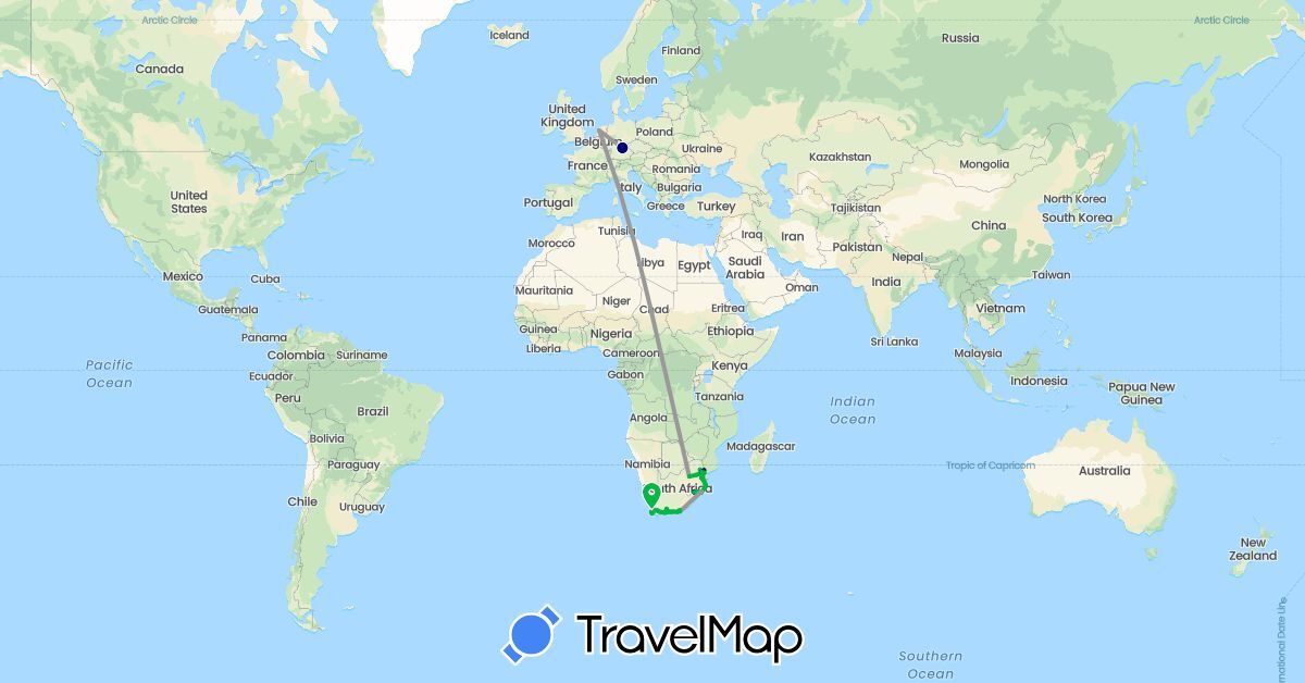 TravelMap itinerary: driving, bus, plane in Germany, Lesotho, Netherlands, Swaziland, South Africa (Africa, Europe)